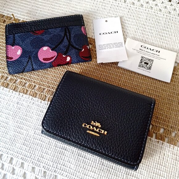 Coach Accessories - Coach Card Holder Wallet In Signature Canvas With Cherry Print CZ448 Navy blue